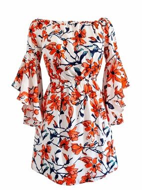 Off-Shoulder White & Orange Floral Dress – Women’s Size S (Like New)
